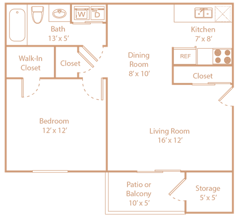 Floor plan for 1 bed, 1 bath, 675 sqft